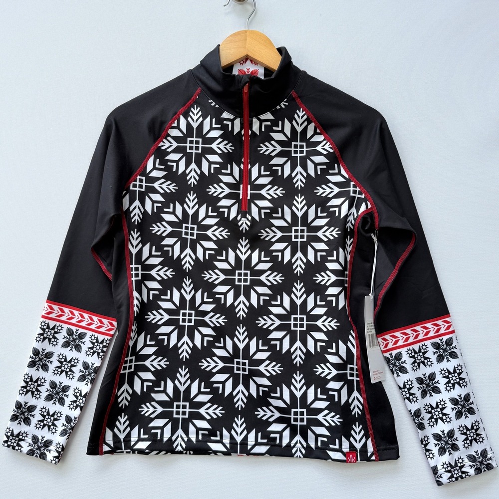 Krimson Klover Womens Small Nordic Snowflake Top Black Quarter Zip‎ Ski Snow NEW